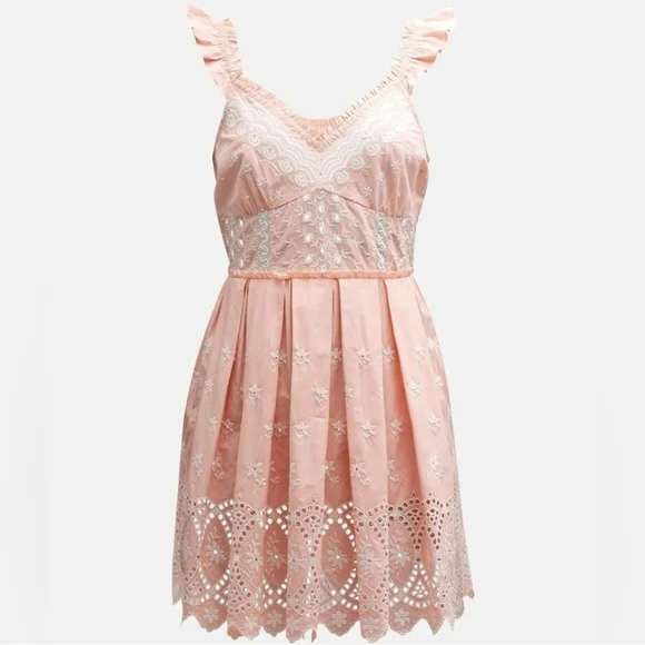 LoveShackFancy Pink Eyelet Mini Dress Size 6  Sleeveless Pleated Boho NWT - Picture 4 of 14